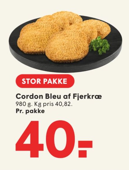 Cordon Bleu af Fjerkræ 980 g. Kg pris 40,82. Pr. pakke – Spar