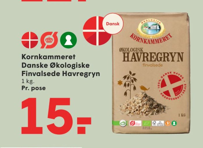 Kornkammeret Danske Økologiske Finvalsede Havregryn 1 kg – Spar