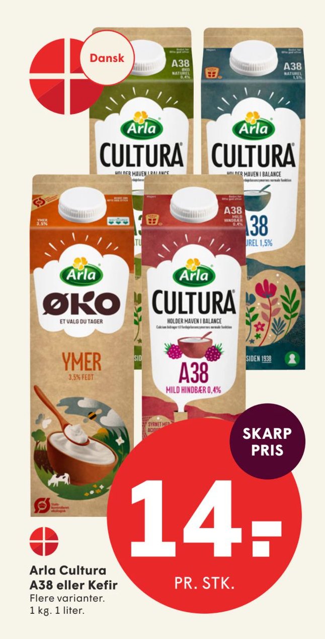 Arla Cultura A38 eller Kefir Flere varianter. 1 kg. 1 liter. – Spar
