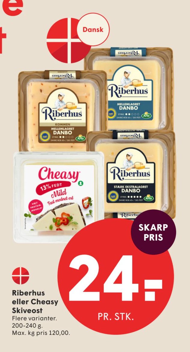 Riberhus eller Cheasy Skiveost Flere varianter. 200-240 g. Max. kg pris 120,00. – Spar