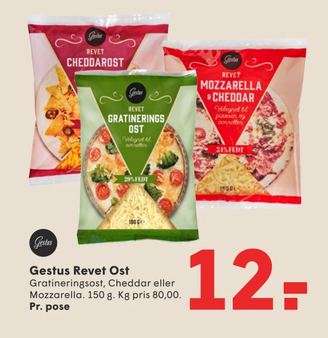 Gestus Revet Ost Gratineringsost, Cheddar eller Mozzarella. 150 g. Kg pris 80,00. – Spar