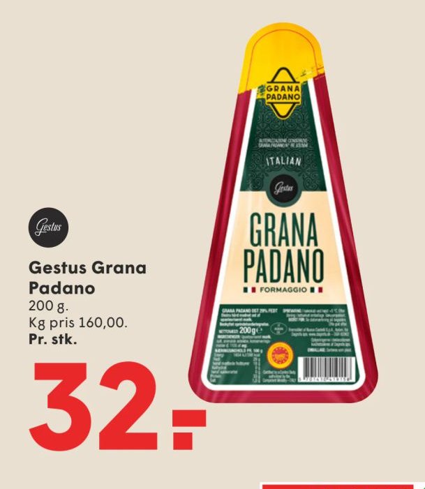 Gestus Grana Padano 200 g. Kg pris 160,00. Pr. stk. – Spar
