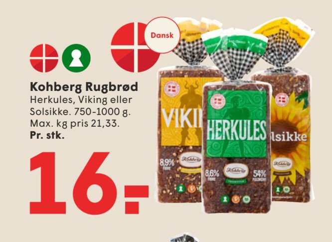 Kohberg Rugbrød Herkules, Viking eller Solsikke. 750-1000 g. – Spar