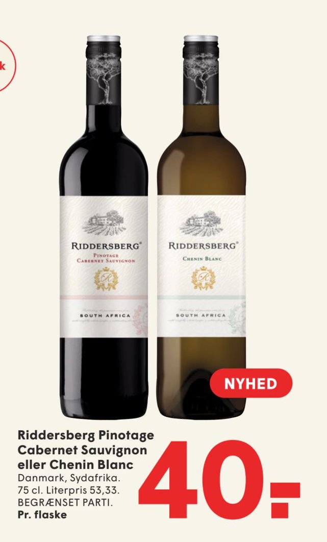 Riddersberg Pinotage Cabernet Sauvignon eller Chenin Blanc Danmark, Sydafrika. 75 cl. Literpris 53,33. BEGRÆNSET PARTI. Pr. flaske – Spar