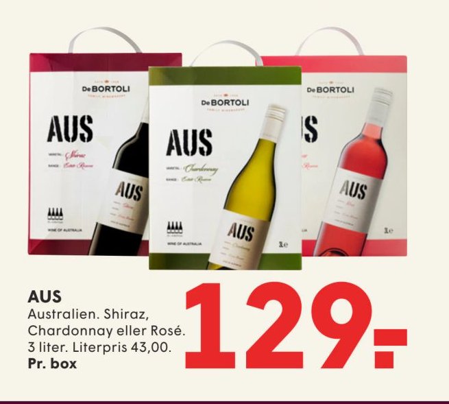 AUS Australien. Shiraz, Chardonnay eller Rosé. 3 liter. Literpris 43,00. Pr. box – Spar