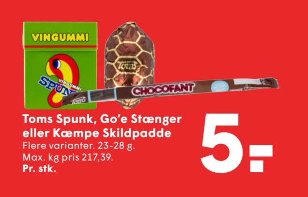 Toms Spunk, Go'e Stænger eller Kæmpe Skildpadde Flere varianter. 23-28 g. Max. kg pris 217,39. Pr. stk. – Spar