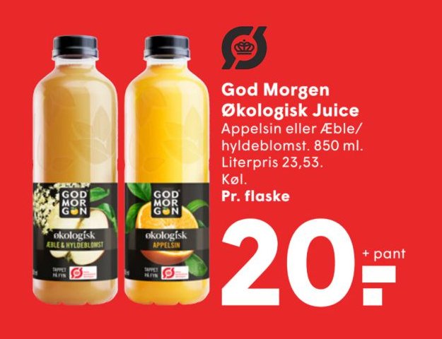 God Morgen Økologisk Juice Appelsin eller Æble/hyldeblomst. 850 ml. Literpris 23,53. Køl. Pr. flaske – Spar