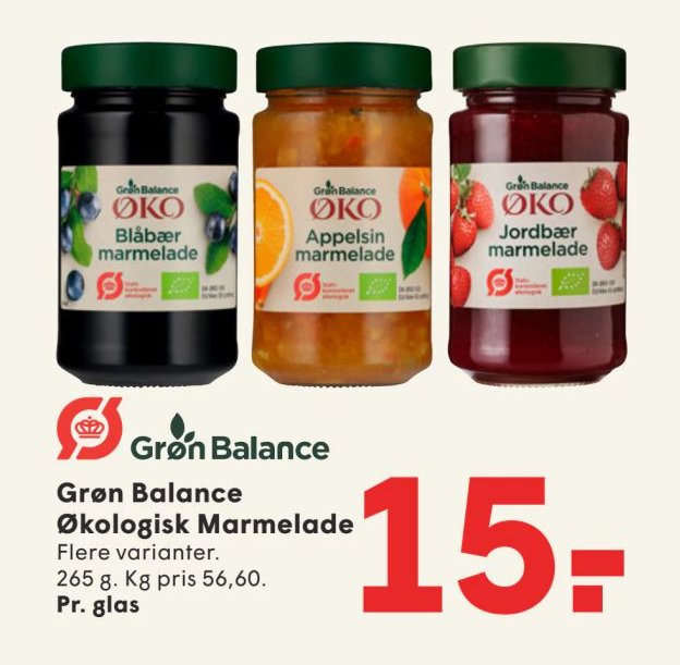 Grøn Balance Økologisk Marmelade Flere varianter. 265 g. Kg pris 56,60. Pr. glas – Spar