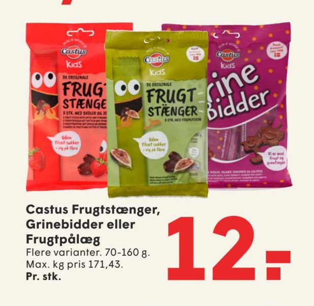 Castus Frugtstænger, Grinebider eller Frugtpålæg Flere varianter. 70-160 g. Max. kg pris 171,43. Pr. stk. – Spar