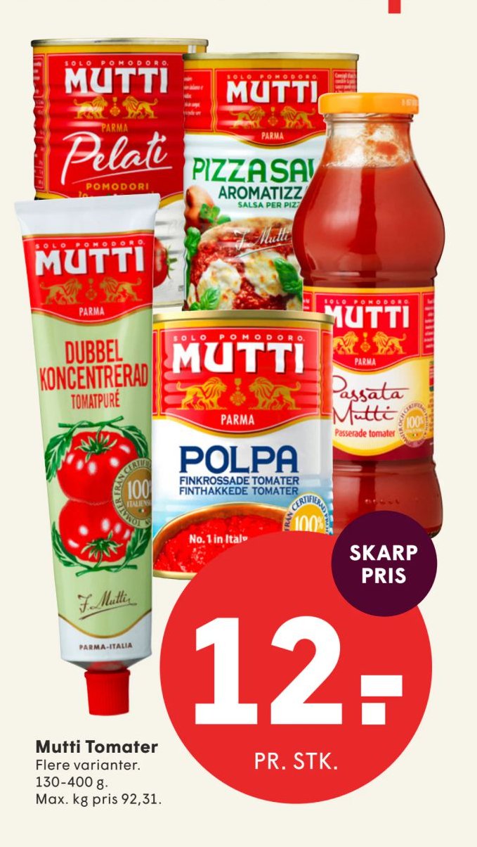 Mutti Tomater Flere varianter. 130-400 g. Max. kg pris 92,31. – Spar