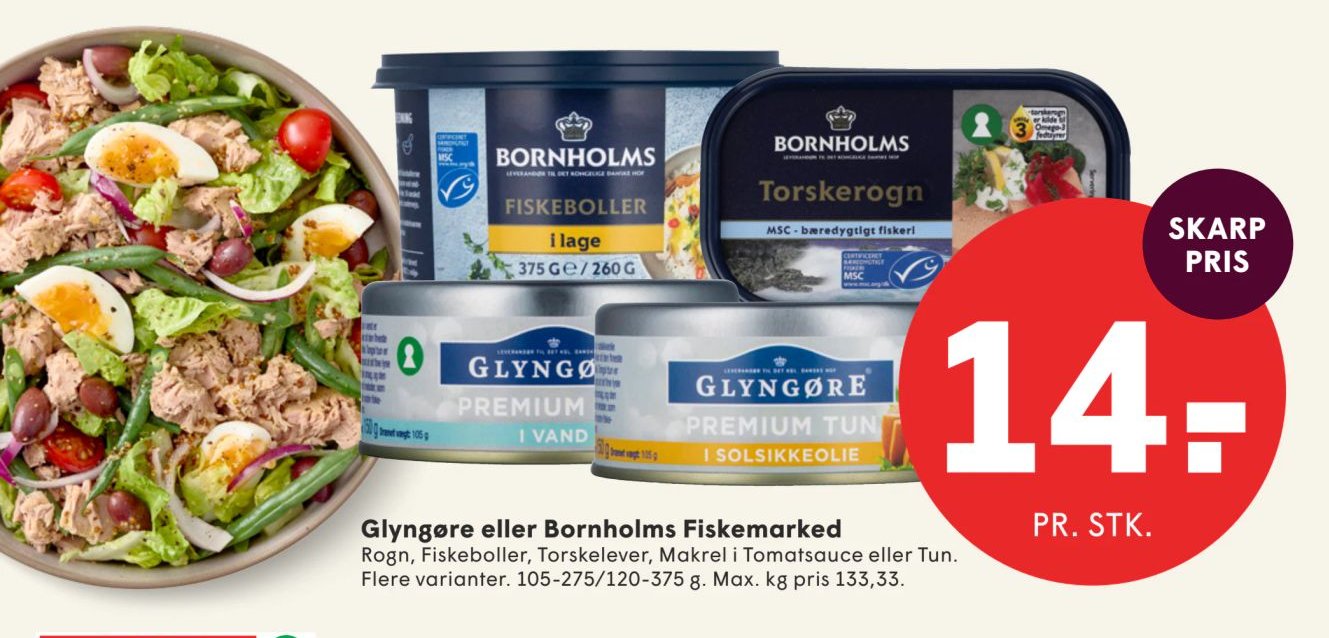 Glyngøre eller Bornholms Fiskemarked Rogn, Fiskeboller, Torskelever, Makrel i Tomatsauce eller Tun. Flere varianter. 105-275/120-375 g. Max. kg pris 133,33. – Spar