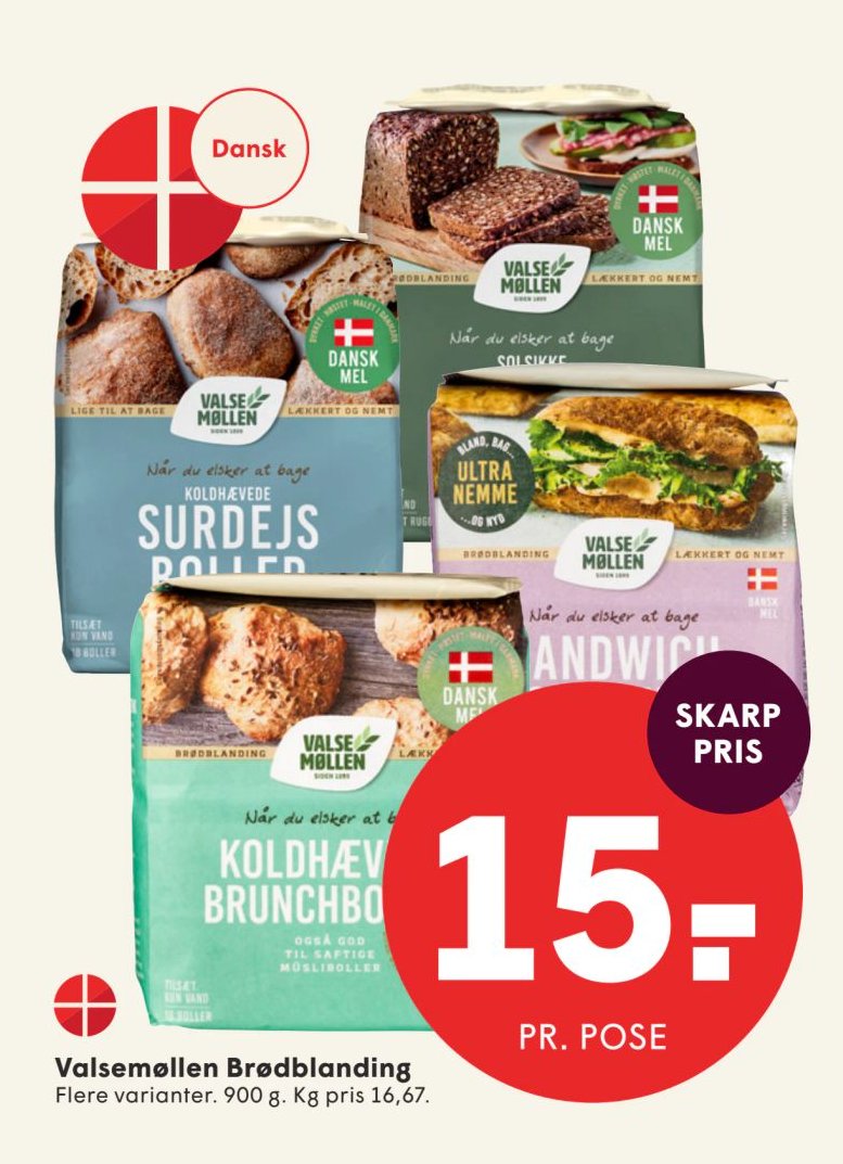 Valsemøllen Brødblanding Flere varianter. 900 g. Kg pris 16,67. – Spar