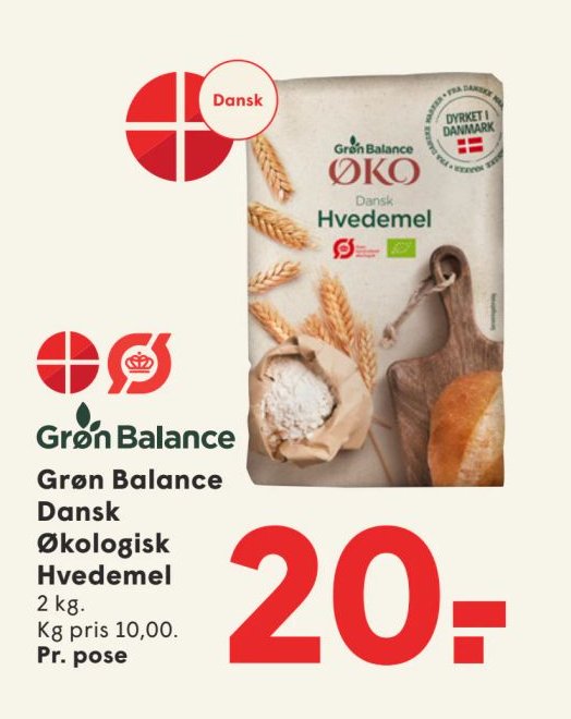 Grøn Balance Dansk Økologisk Hvedemel 2 kg. Kg pris 10,00. Pr. pose – Spar