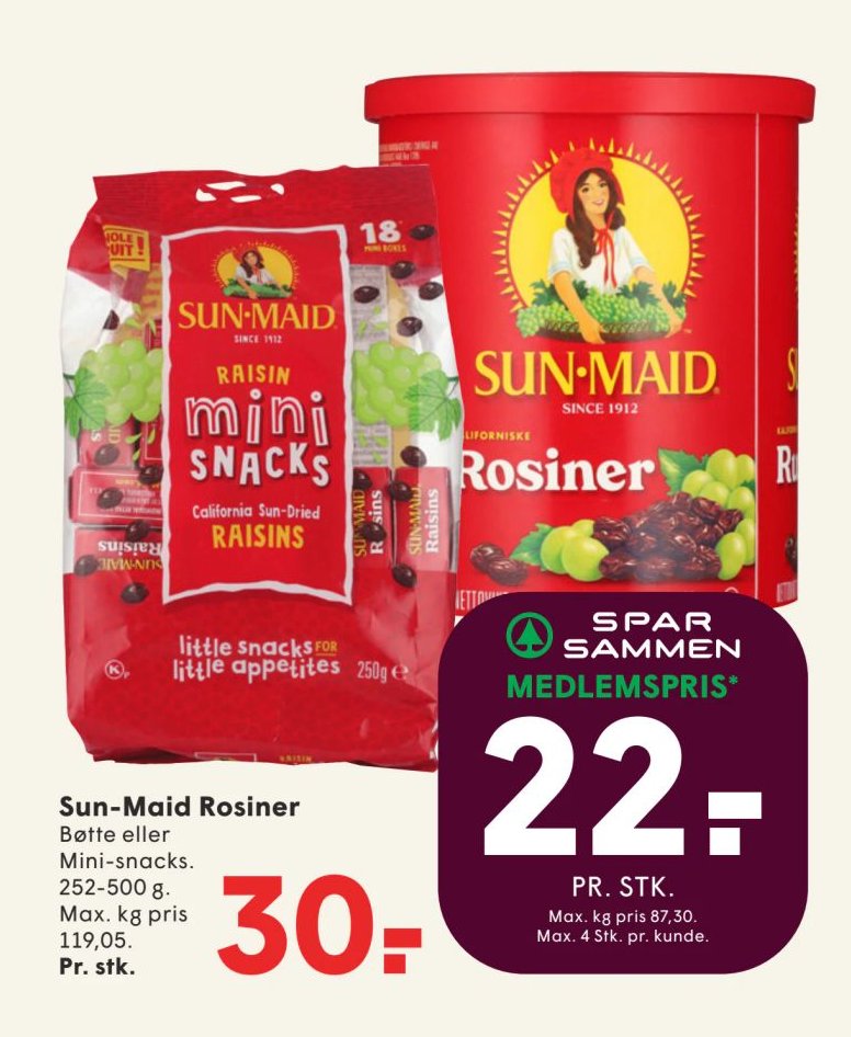 Sun-Maid Rosiner Bøtte eller Mini-snacks. 252-500 g. Max. kg pris 119,05. Pr. stk. – Spar