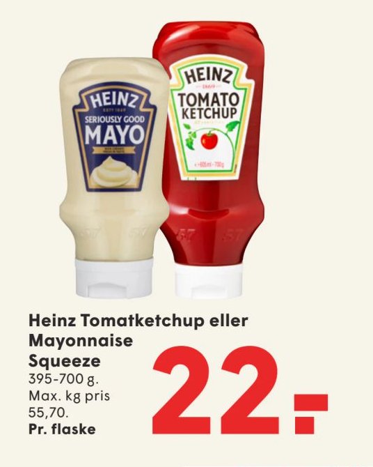 Heinz Tomatketchup eller Mayonnaise Squeeze 395-700 g. Max. kg pris 55,70. Pr. flaske – Spar