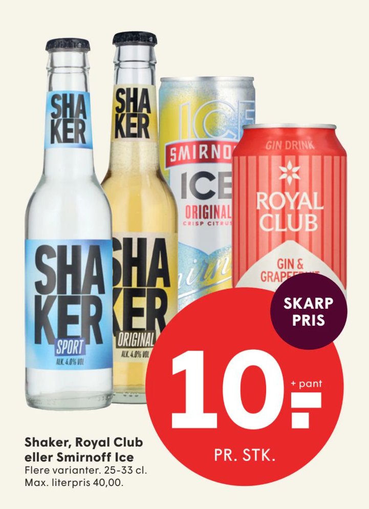 Shaker, Royal Club eller Smirnoff Ice Flere varianter. 25-33 cl. Max. literpris 40,00. – Spar