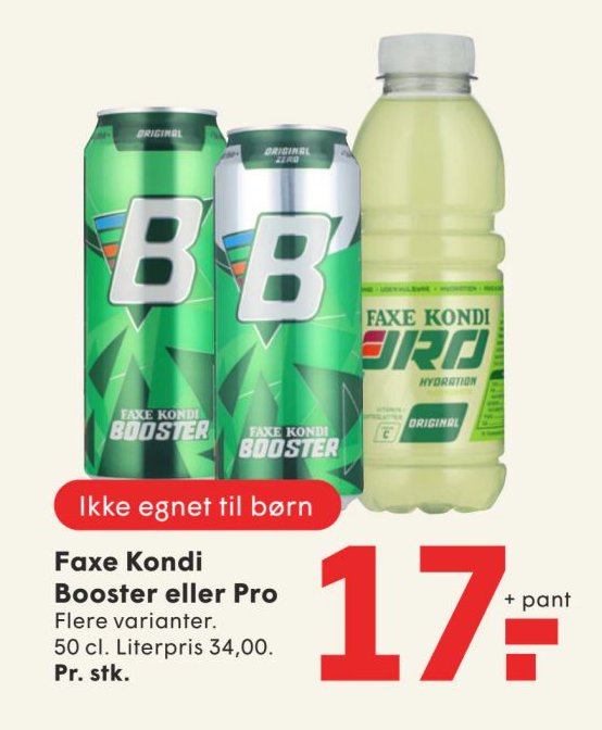 Faxe Kondi Booster eller Pro Flere varianter. 50 cl. Literpris 34,00. Pr. stk. – Spar