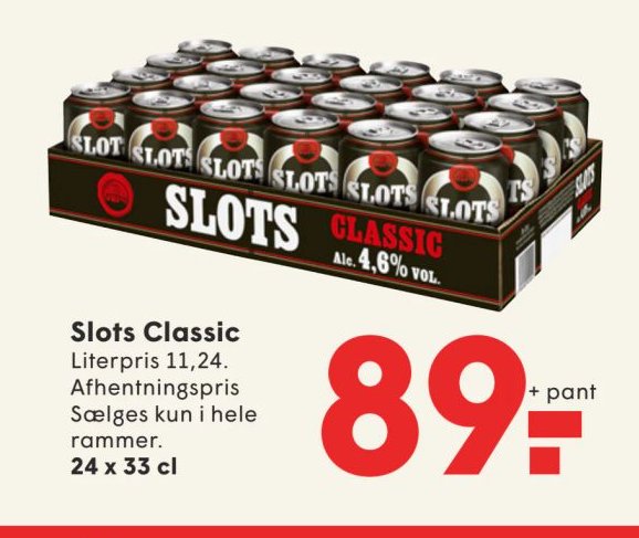Slots Classic Literpris 11,24. Afhentningspris Sælges kun i hele rammer. 24 x 33 cl – Spar