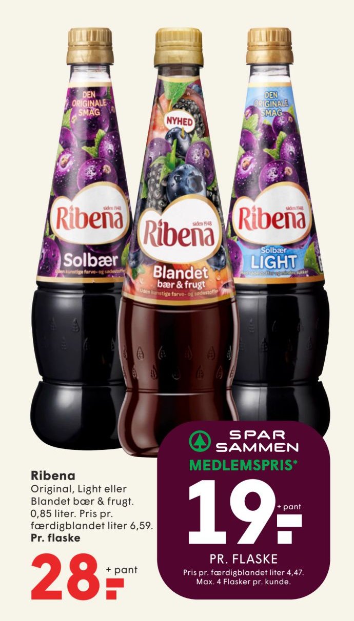 Ribena Original, Light eller Blandet bær & frugt 0,85 liter. Pris pr. færdigblandet liter 6,59. Pr. flaske – Spar