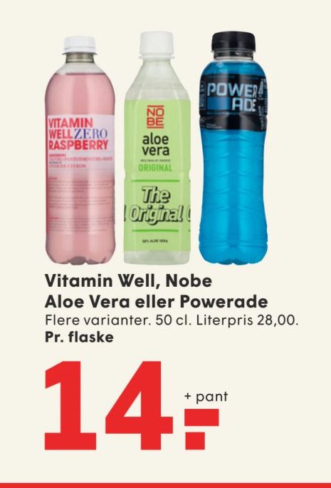 Vitamin Well, Nobe Aloe Vera eller Powerade Flere varianter. 50 cl. Literpris 28,00. Pr. flaske – Spar