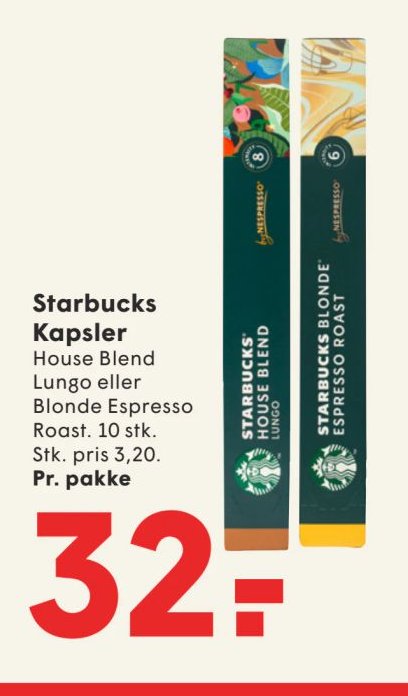 Starbucks Kapsler House Blend Lungo eller Blonde Espresso Roast. 10 stk. Stk. pris 3,20. Pr. pakke – Spar