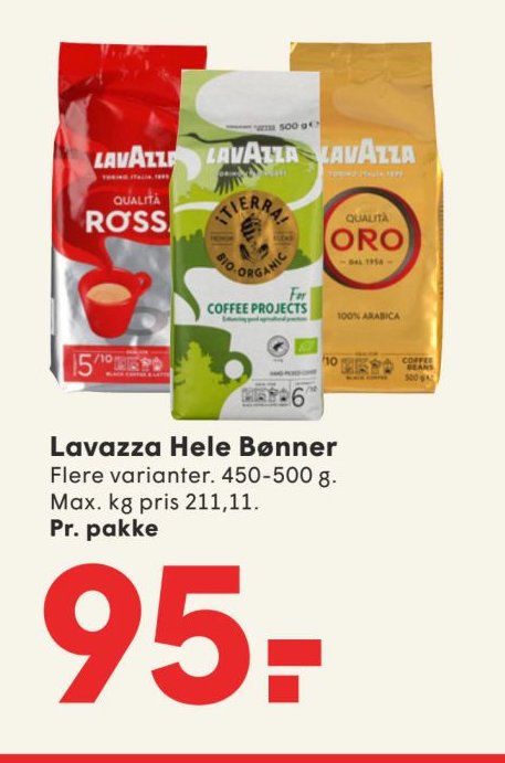 Lavazza Hele Bønner Flere varianter. 450-500 g. Max. kg pris 211,11. Pr. pakke – Spar
