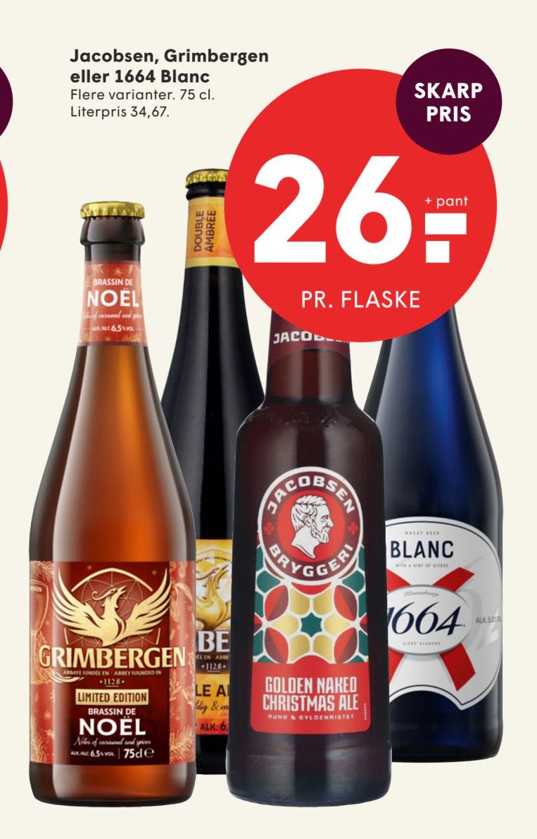 Jacobsen, Grimbergen eller 1664 Blanc Flere varianter. 75 cl. – Spar
