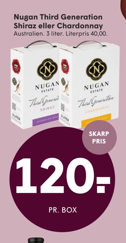Nugan Third Generation Shiraz eller Chardonnay Australien. 3 liter. Literpris 40,00. – Spar
