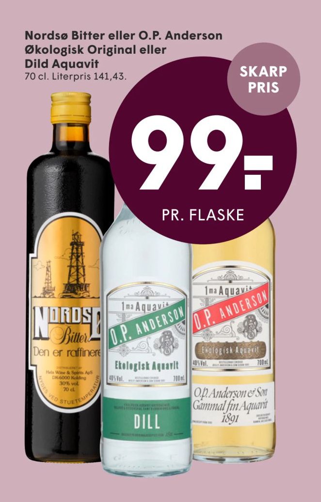 Nords Bitter eller O.P. Anderson Økologisk Original eller Linie Aquavit 70 cl – Spar