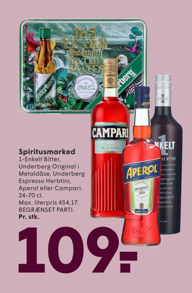 Spiritusmarked 1-Enkelt Bitter, Underberg Original i Metaldåse, Underberg Espresso Herbtini, Aperol eller Campari. 24-70 cl – Spar