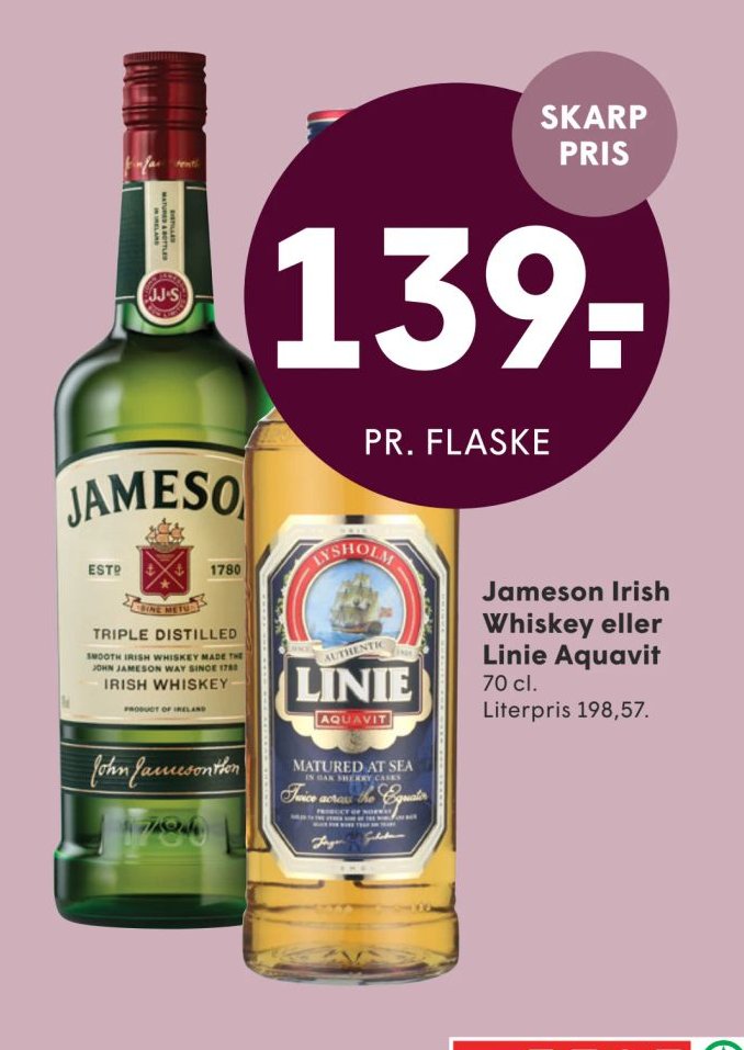 Jameson Irish Whiskey eller Linie Aquavit 70 cl – Spar