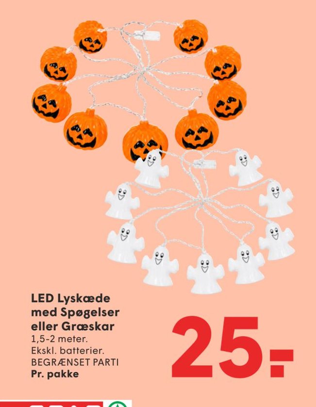 LED Lyskæde med Spøgelser eller Græskar 1,5-2 meter. Ekskl. batterier. BEGRÆNSET PARTI – Spar