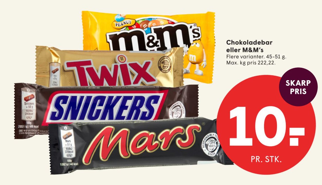 Chokoladebar eller M&M's Flere varianter. 45-51 g. – Spar