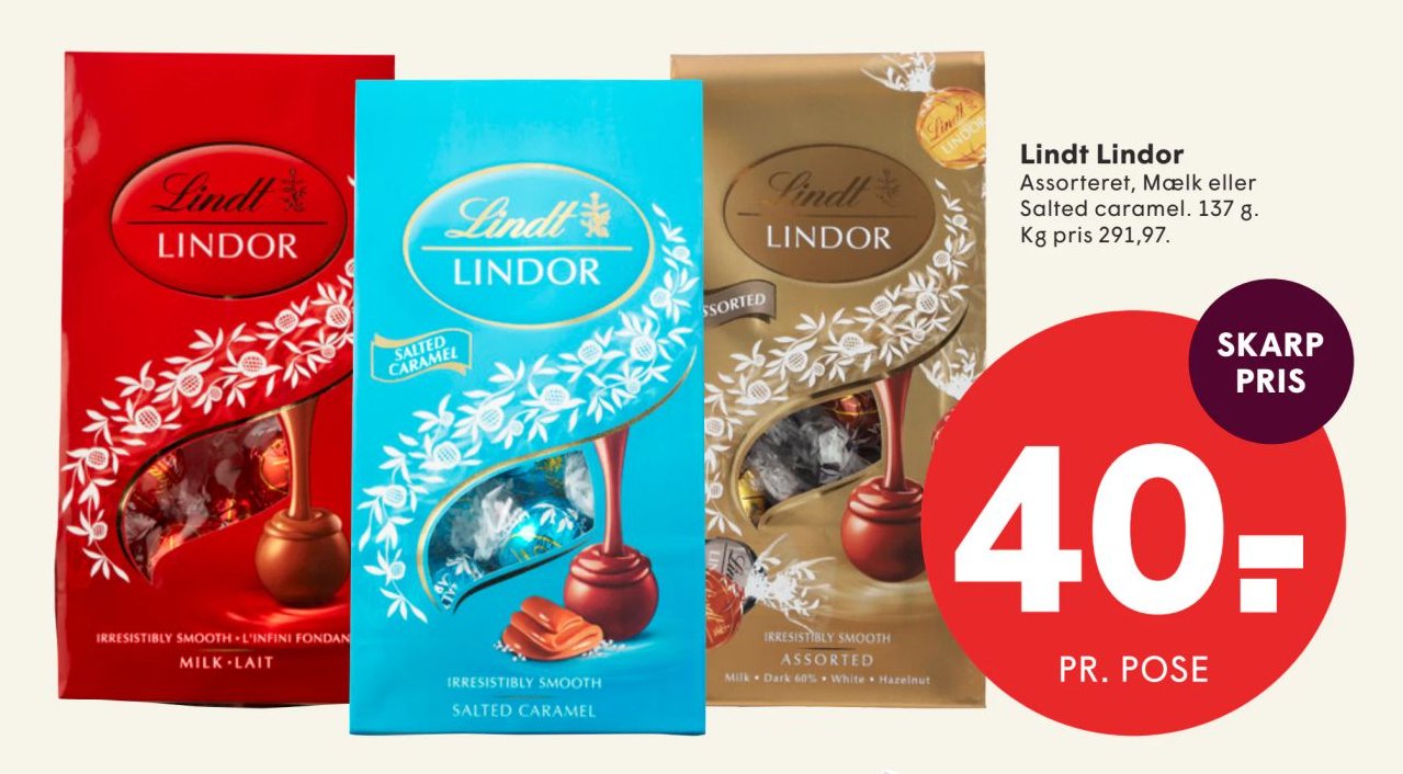 Lindt Lindor Assorteret, Mælk eller Salted caramel. 137 g. – Spar