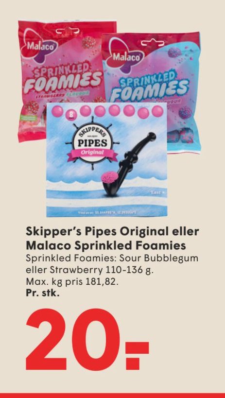 Skipper's Pipes Original eller Malaco Sprinkled Foamies 110-136 g – Spar