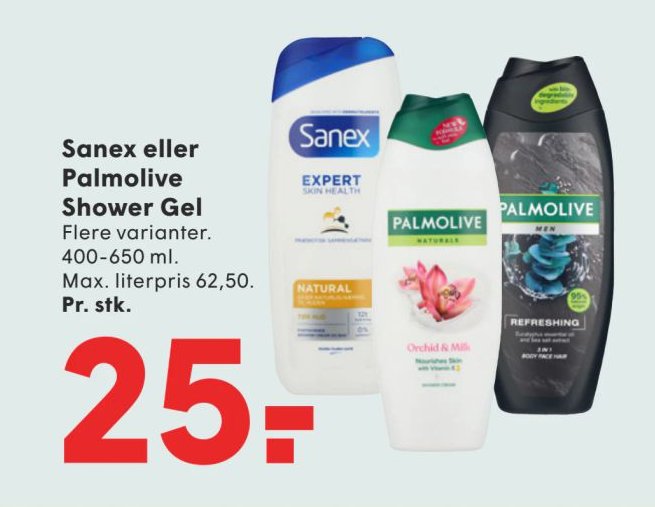 Sanex eller Palmolive Shower Gel Flere varianter. 400-650 ml. Max. literpris 62,50. Pr. stk. – Spar