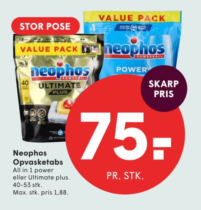 Neophos Opvasketabs All in 1 power eller Ultimate plus. 40-53 stk. – Spar
