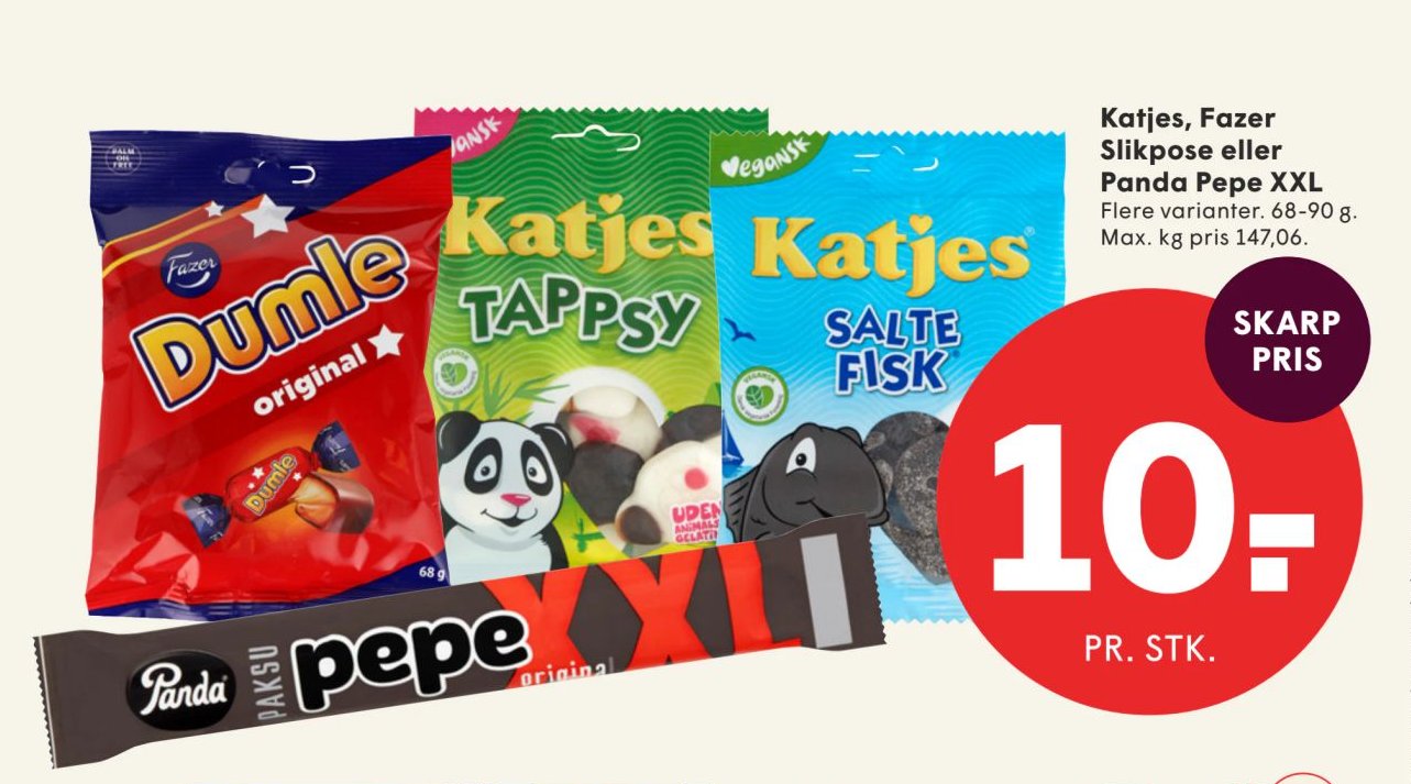 Katjes, Fazer Slikpose eller Panda Pepe XXL Flere varianter. 68-90 g. – Spar