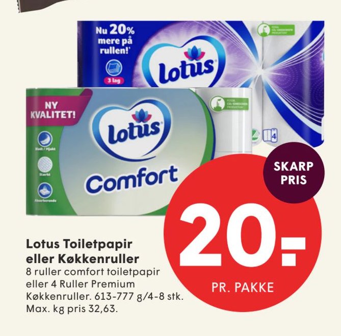Lotus Toiletpapir eller Køkkenruller 8 ruller comfort toiletpapir eller 4 Ruller Premium Køkkenruller. 613-777 g/4-8 stk. – Spar