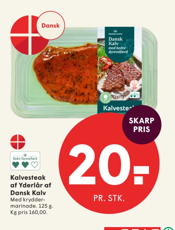 Kalvesteak af Yderlår af Dansk Kalv Med kryddermarinade. 125 g. Kg pris 160,00. – Spar