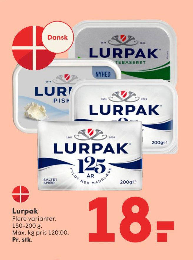 Lurpak Flere varianter. 150-200 g. Max. kg pris 120,00. Pr. stk. – Spar