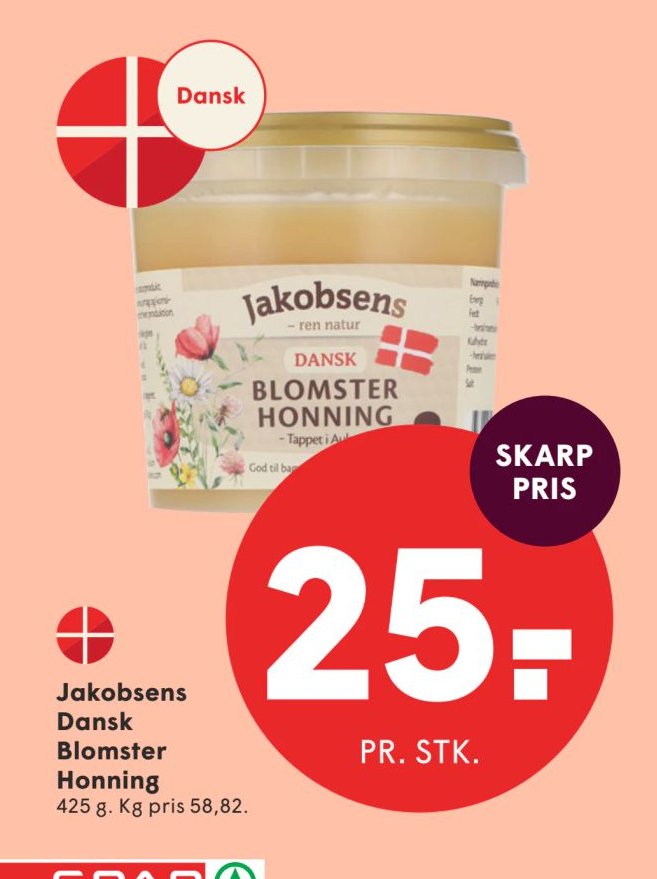 Jakobsens Dansk Blomster Honning 425 g. Kg pris 58,82. – Spar