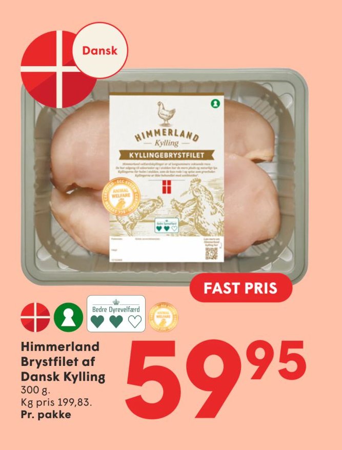 Himmerland Brystfilet af Dansk Kylling 300 g. Kg pris 199,83. Pr. pakke – Spar