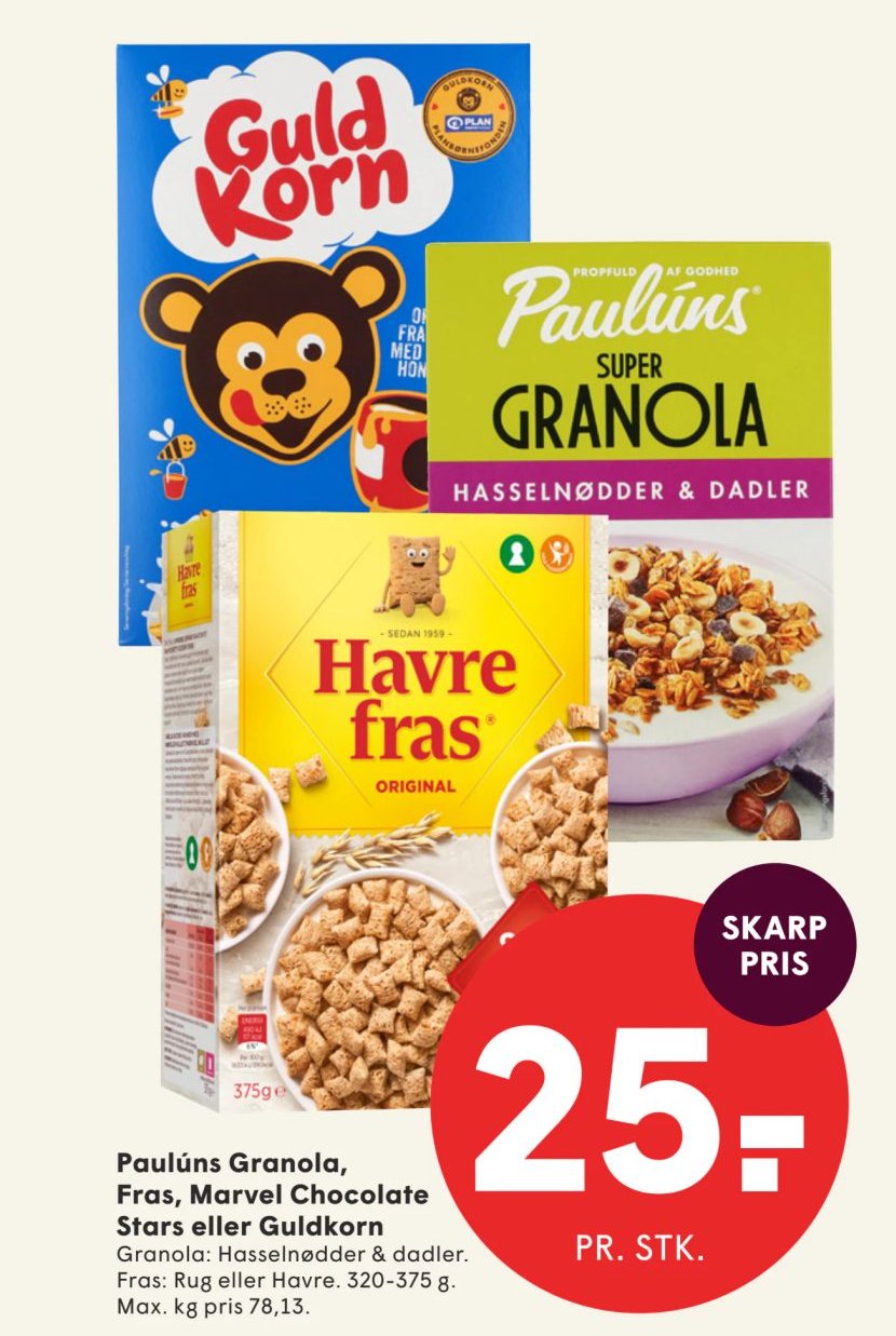 Paulúns Granola, Fras, Marvel Chocolate Stars eller Guldkorn – Spar