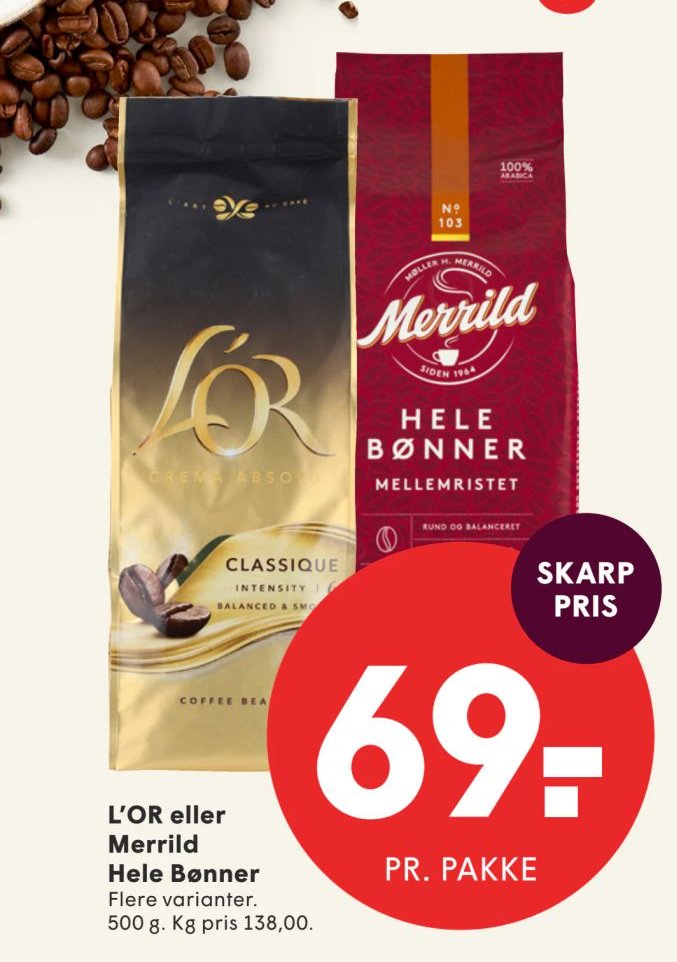 L’OR eller Merrild Hele Bønner – Spar