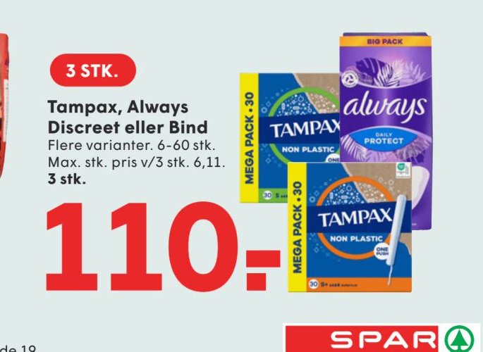 Tampax, Always Discreet eller Bind – Spar
