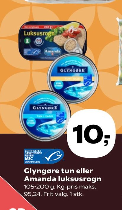 Glyngøre tun eller Amanda luksusrogn 105-200 g. Kg-pris maks. 95,24. Frit valg. 1 stk. – SuperBrugsen