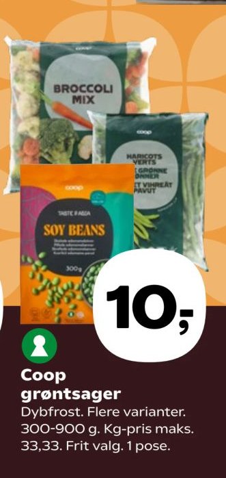 Coop grøntsager Dybfrost. Flere varianter. 300-900 g. Kg-pris maks. 33,33. Frit valg. 1 pose. – SuperBrugsen