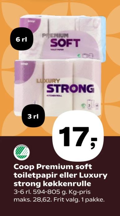 Coop Premium soft toiletpapir eller Luxury strong køkkenrulle 3-6 rl. 594-805 g. Kg-pris maks. 28,62. Frit valg. 1 pakke. – SuperBrugsen