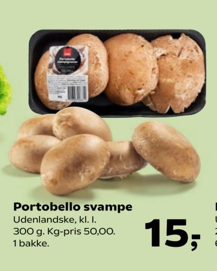 Portobello svampe Udenlandske, kl. I. 300 g. Kg-pris 50,00. 1 bakke. – SuperBrugsen